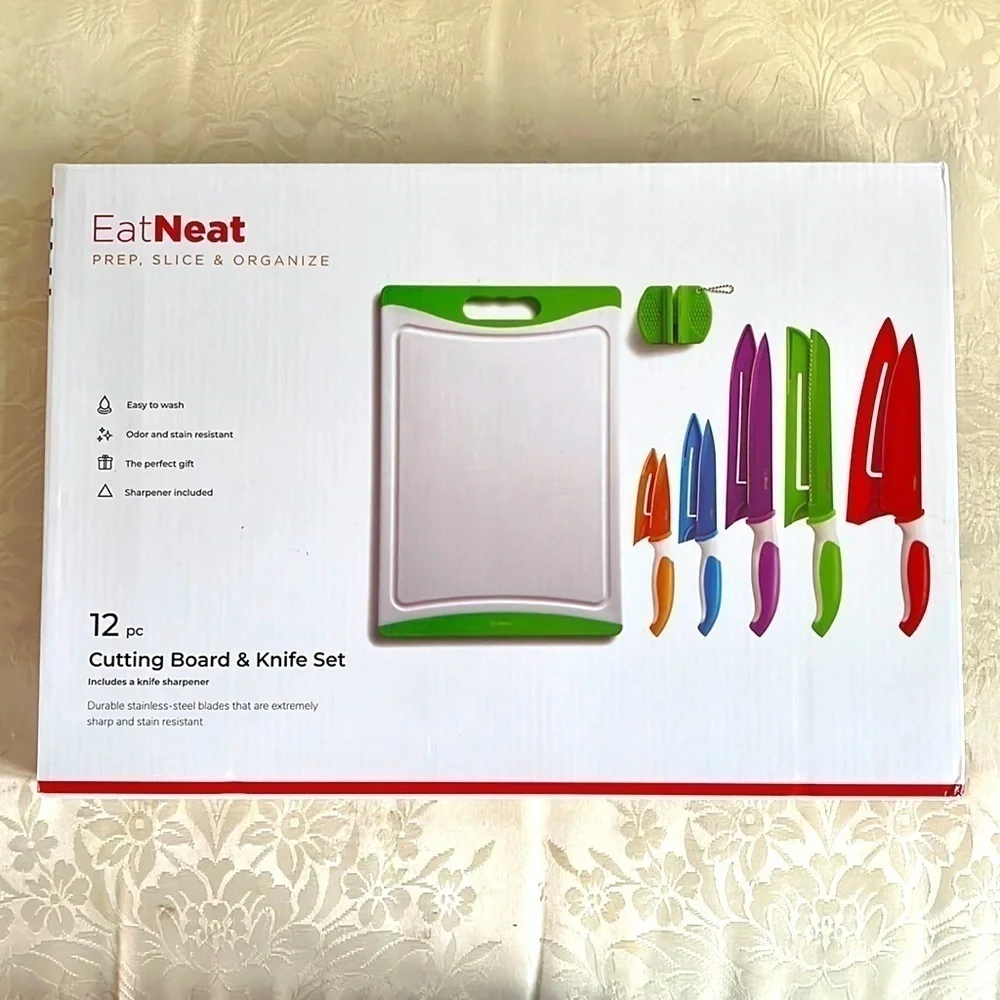 Brand New Colorful 12-Piece Kitchen Stainless Steel Knife Set w/ Cutting Board
